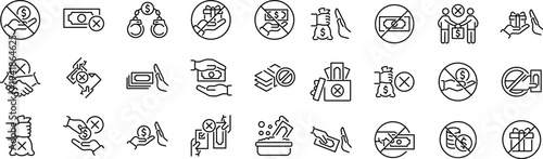 Set of outline icons related to no corruption. Linear icon collection. Editable stroke. Vector