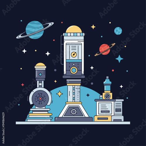 Futuristic Space Laboratory Research Station Illustration with Planets and Stars in Deep Space