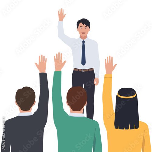 A vector graphic illustration of a group of people with one person standing out and raising their hand