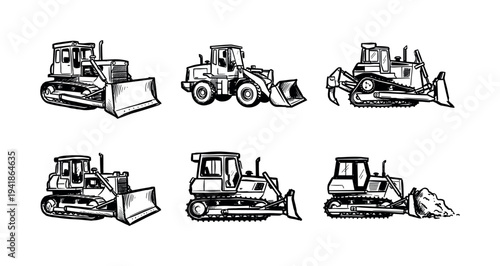 Six distinct hand-drawn heavy construction vehicles are depicted in various poses, showcasing different types of earthmoving machinery with a rugged, industrial aesthetic