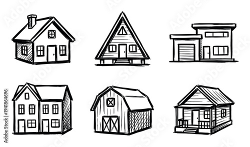 Six diverse hand-drawn sketch style buildings, including houses, a barn, and cabins, are artfully illustrated with a charming, rustic ink and pen aesthetic