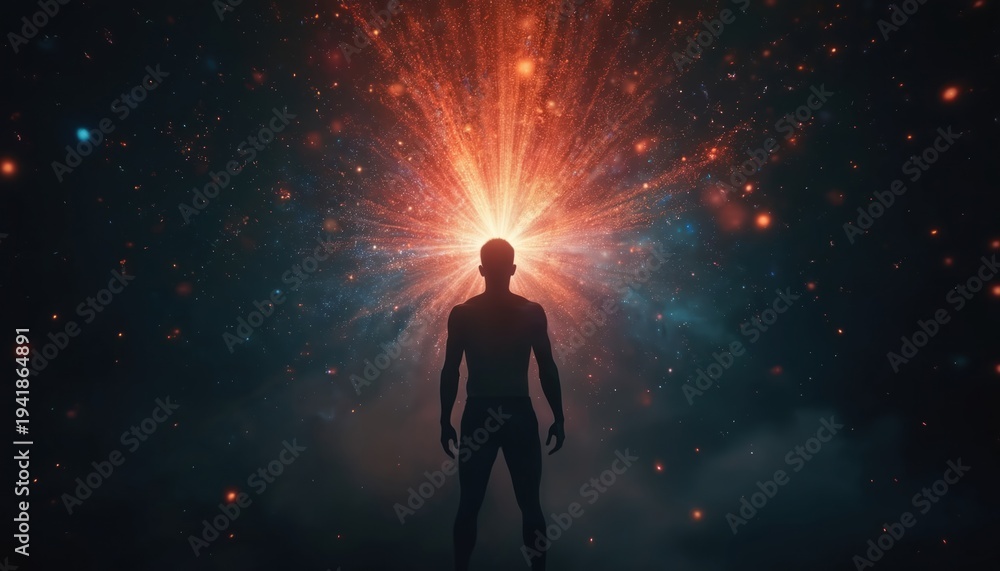 Obraz premium Silhouette of person radiating bright light from head. Cosmic background with colorful particles suggesting universal energy flow. Spiritual consciousness expanding outward into nebula.