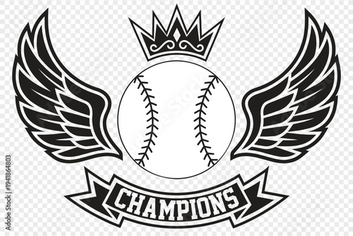 Stylized baseball icon with outstretched wings crown and champions banner representing victory
