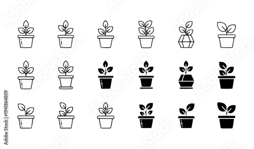 Flowerpot and potted plant icon set with outline glyph and filled styles for web and app design