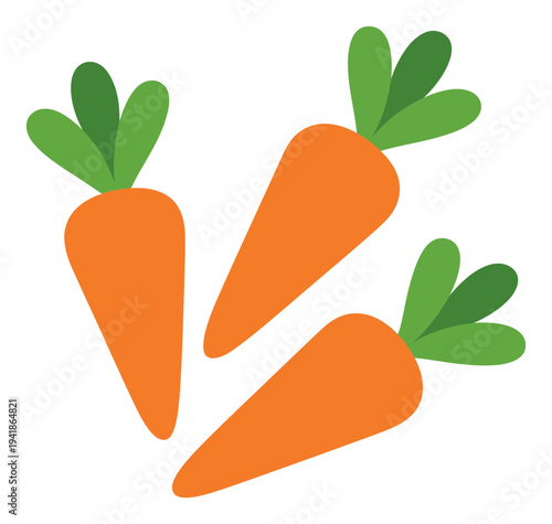 Three stylized carrots with green tops on a white background