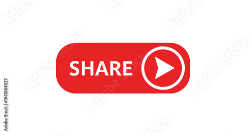 A vibrant red share button with white SHARE text and a white play icon is centered on a pristine white background.