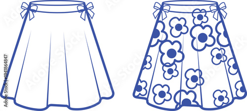 Blue outline skirts one plain and one with a floral pattern isolated on a plain background