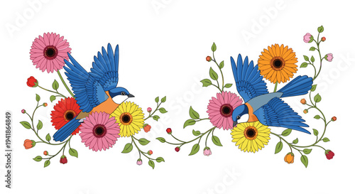 Two blue birds with orange chests fly gracefully amidst colorful gerbera daisies and green vines against a bright white backdrop.