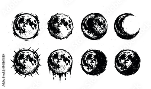 Eight stylized black and white moon illustrations depict various celestial phases and artistic interpretations with a rough, hand-drawn, ink-like texture, showcasing mystical and cosmic themes
