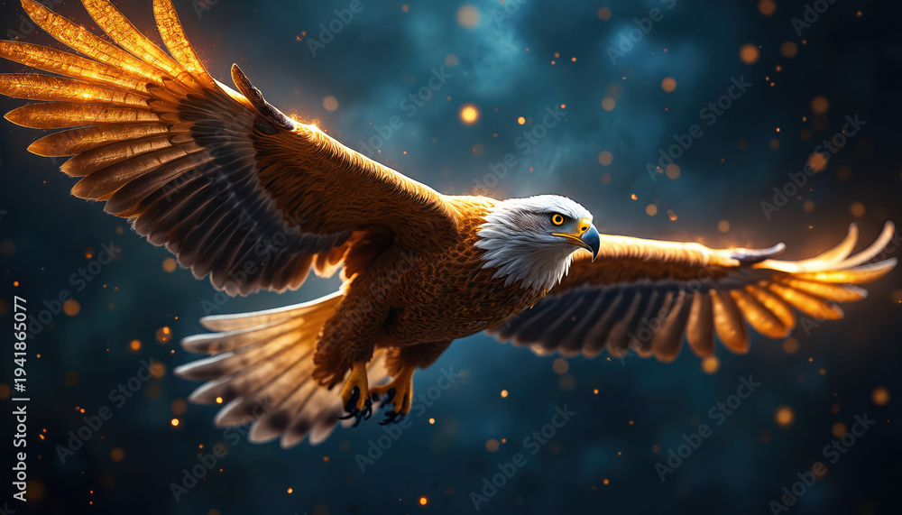Obraz premium Golden eagle soars through night sky with illuminated wings. Small bright lights float around bird, feathers glow. Majestic predator flies with sharp gaze, showing power. Wildlife illustration art.