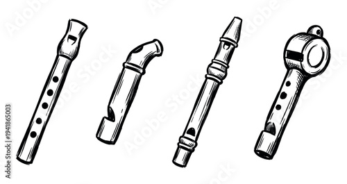 Four distinct hand-drawn musical wind instruments are depicted in a classic sketch style, showcasing various designs with holes and mouthpieces