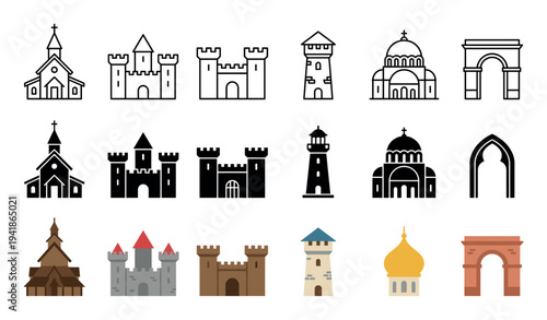 Various architectural building icons depicting churches, castles, and towers are presented in outline, solid, and flat color styles, showcasing diverse historical and religious structures