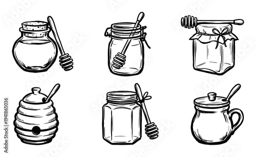 Six hand-drawn honey jars and dippers are depicted in a charming black and white sketch style, illustrating various containers for natural sweetener