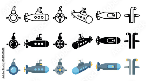 Various submarine icons depicting underwater vehicles in outline, solid, and flat design styles, showcasing front, side, and rear views with periscopes and propellers