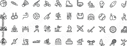 Set of line icons related to types of sports. Collection of 60 kinds of sports and activities. Editables stroke. Vector