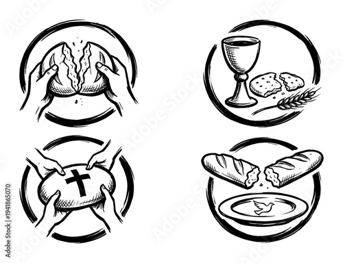 Four symbolic religious illustrations depicting communion elements with a hand-drawn style, showcasing hands breaking bread, a chalice, wheat, and a dove, conveying spiritual themes