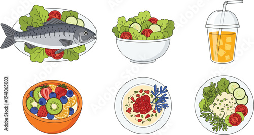 Healthy Food Meal Set Featuring Fish Dish, Fresh Salads, Fruit Bowl, and Orange Juice for Nutrition and Balanced Diet Design