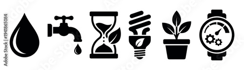 Six black silhouette icons representing environmental concepts like water conservation, energy efficiency, time management, and sustainable growth are neatly arranged in a clean, modern vector style
