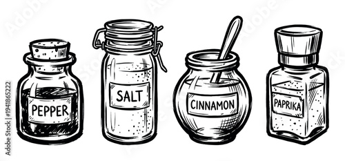 Four hand-drawn spice jars containing various seasonings like pepper, salt, cinnamon, and paprika, depicted in a charming black and white sketch illustration style