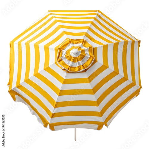 A vibrant yellow and white striped beach umbrella on a clean white background