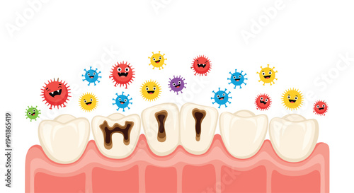 A row of cartoon teeth with visible gums and three decayed teeth are surrounded by numerous colorful, smiling bacteria on a white background.