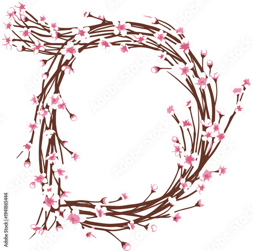 Floral Letter D Alphabet Featuring Decorative Branches and Pink Blossoms for Spring Typography, Wedding Monogram, and Botanical Design