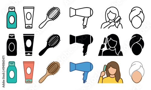 Various hair care routine icons are neatly arranged in a grid, showcasing shampoo, conditioner, brush, hairdryer, brushing, and towel-wrapped hair in outline, solid, and colorful styles