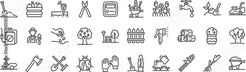 Set of outline icons related to gardening, landscaping, farming. Linear icon collection. Editable stroke. Vector