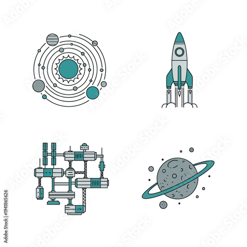 Minimalist Space Icons Set with Solar System, Rocket Launch, Space Station, and Ringed Planet Illustration