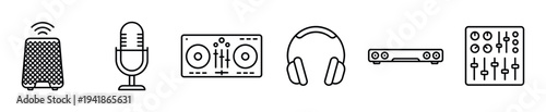 Six distinct black line icons representing various audio equipment, including a smart speaker, microphone, DJ mixer, headphones, soundbar, and equalizer, rendered in a clean, modern vector style