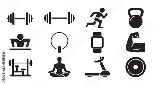 Set of fitness icons, gym equipment and exercise symbols for healthy lifestyle, sports and recreation