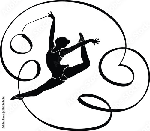 Rhythmic gymnastics silhouette vector illustration, female gymnast performing ribbon routine with elegant movement, artistic sport dance figure isolated design