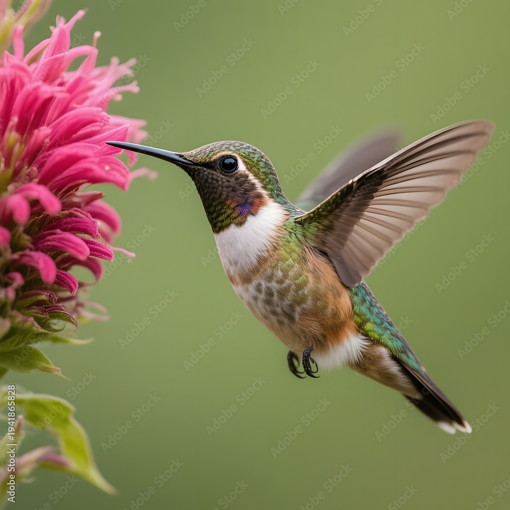 Naklejka premium Hummingbird hovering near bright pink flower in a natural setting 