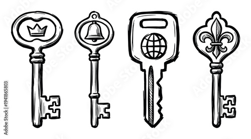 Four distinct hand-drawn keys featuring various symbolic designs are rendered in a bold, sketchy black and white illustration style, showcasing intricate details and a classic artistic feel