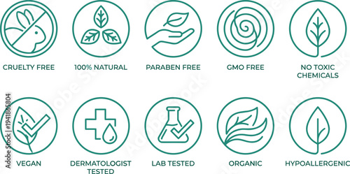 Natural cosmetic certification icon set, cruelty free, vegan, organic, GMO free, paraben free and lab tested eco product labels