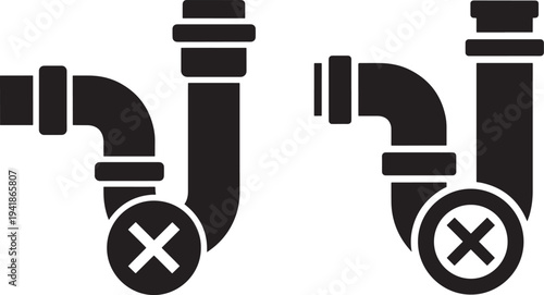 Plumbing pipe drain clog icon silhouette pair