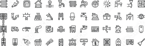 Set of outline icons related to plumbing, heating, ventilation, construction, renovation. Linear icon collection. Editable stroke.