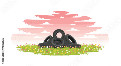 A stack of five black car tires sits on a green grassy field with wildflowers under a pink and white cloudy sky.