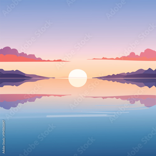 Tranquil sunset scene over calm water with reflected clouds