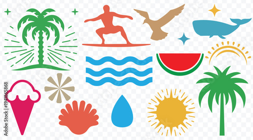 Collection of colorful summer icons and graphic elements for vacation and beach themes