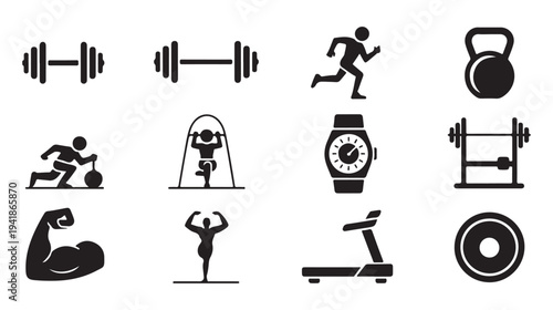 Collection of sport icons, gym equipment and exercise symbols for active lifestyle, healthy living and fitness