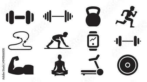 Set of twelve black filled silhouette fitness and gym icons, including dumbbells, kettlebell, and running man