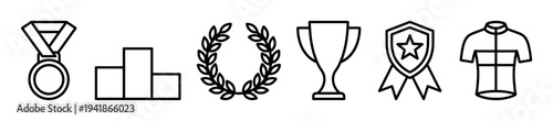 Collection of outlined achievement and sports icons, including a medal, podium, laurel wreath, trophy, badge, and cycling jersey, presented in a clean, minimalist vector style