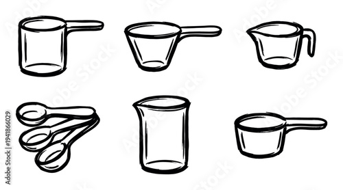 Hand-drawn black and white kitchen measuring tools, including various cups, spoons, and a jug, are illustrated with a loose, sketchy line art style, conveying a simple, clean graphic