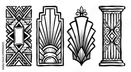 Four distinct hand-drawn Art Deco design elements showcase intricate geometric patterns, elegant decorative motifs, and classic architectural styles rendered with a sketchy, artistic flair