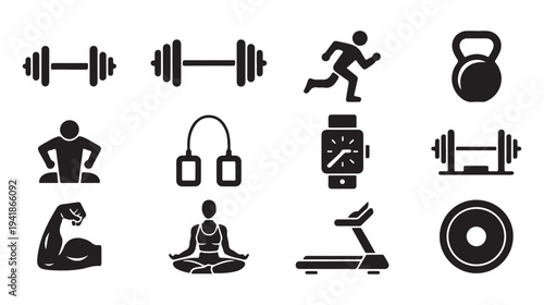 Set of twelve black filled silhouette fitness and gym icons, featuring dumbbells, running man, kettlebell