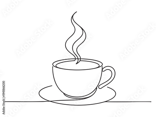 Relaxed coffee break with steaming hot cup illustration, perfect scene for cafes and workspaces, black outline design, creative concept, beverage moment, simple line art drawing