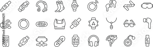 Set of outline icons related to wearable gadgets. Linear icon collection. Editable stroke. Vector