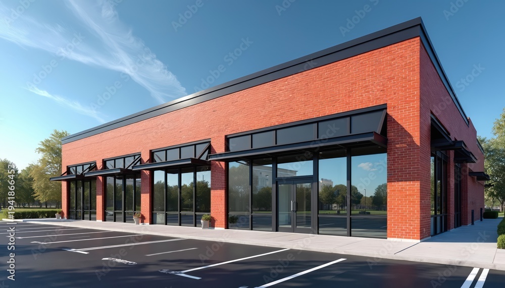 Obraz premium Modern red brick commercial structure with glass windows, black awnings, spacious parking lot for customer convenience. Building offers retail shop office rental opportunities, ideal for new business.