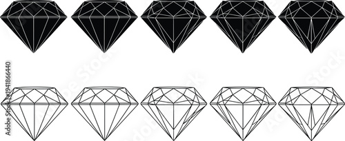 Diamond Gemstone Icon Set Featuring Faceted Jewel Shapes in Solid and Outline Styles for Luxury, Jewelry, and Precious Stone Designs